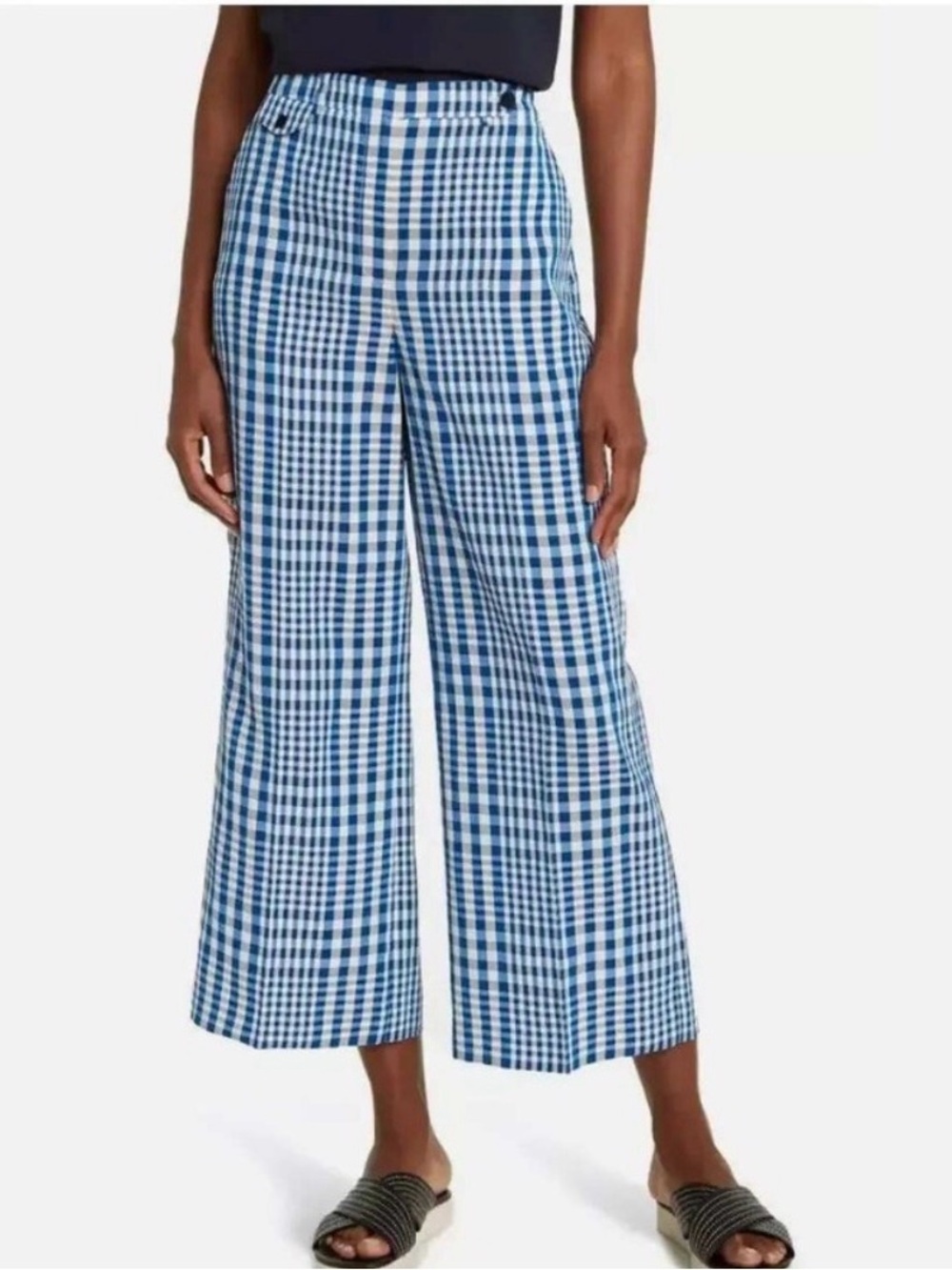Theory Nadeema Wide Leg Cropped Pants Dillon Plaid Linen Blend Pockets Size 2